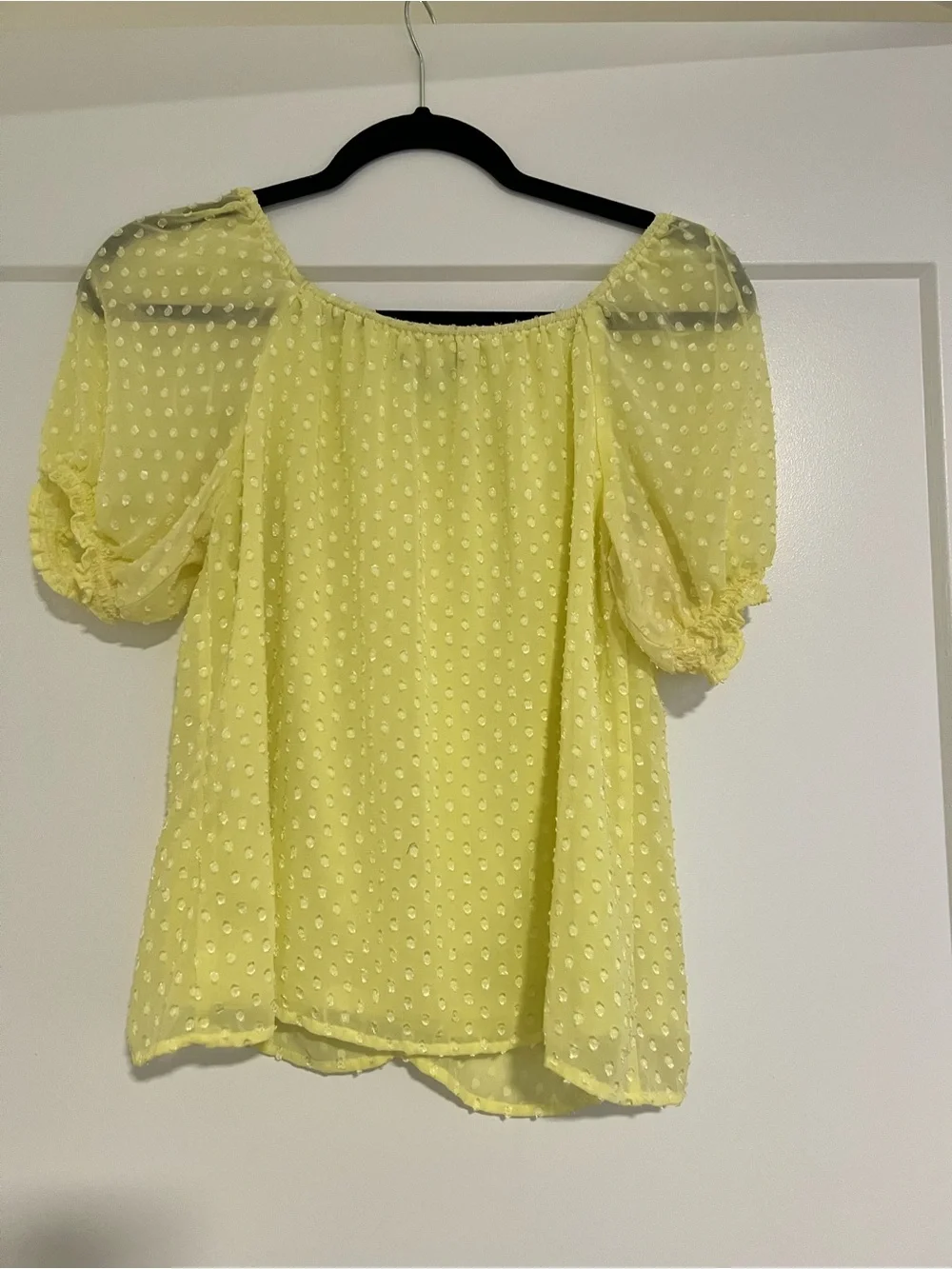 Light Yellow Swiss Dot Puff Sleeve Women's Top